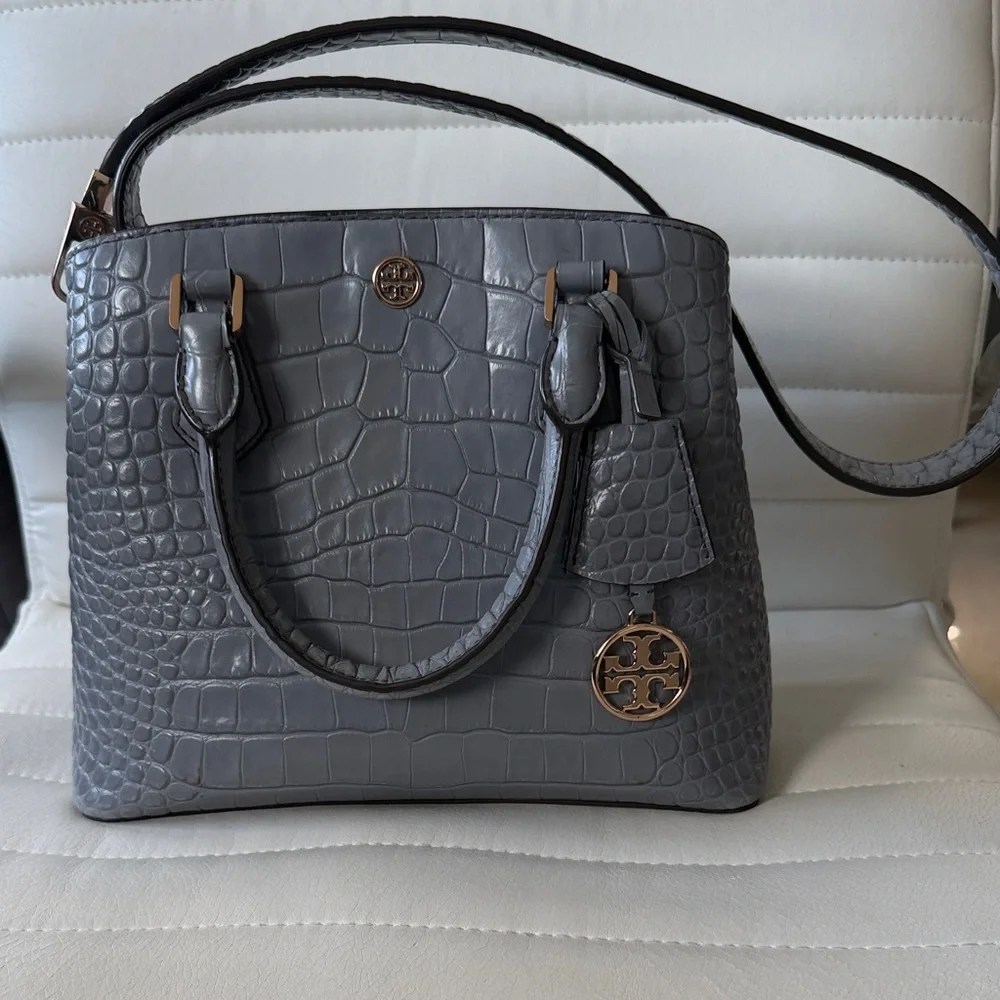 Tory Burch Gray Croc-Embossed Satchel with Gold Hardware
